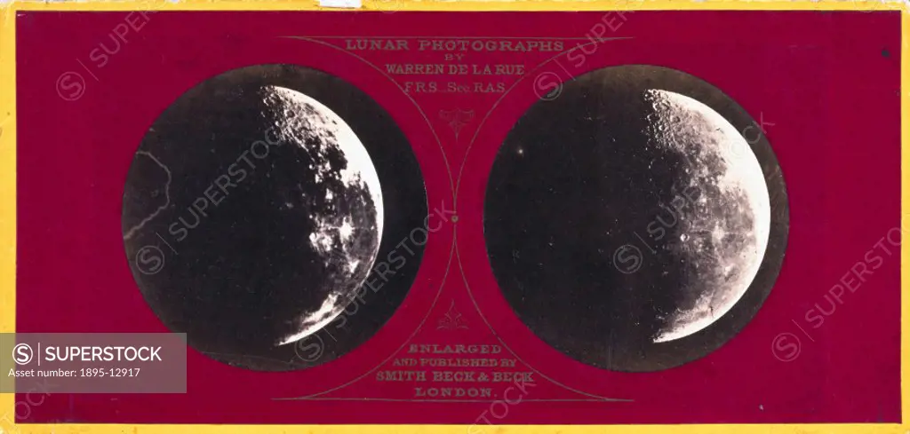 Enlarged stereoscopic lunar photograph taken by Robert Howlett from the original negative by Warren De La Rue, published by Smith, Beck and Beck of Lo...