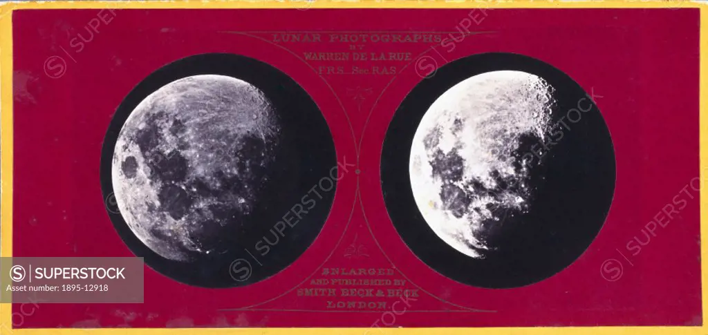 Enlarged stereoscopic lunar photograph taken by Robert Howlett from the original negative by Warren De La Rue, published by Smith, Beck and Beck of Lo...