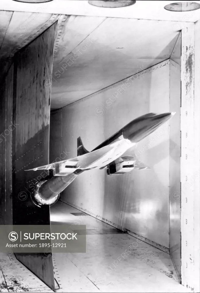 A wind tunnel model of Concorde on test at the Royal Aircraft Establishment, Bedford.