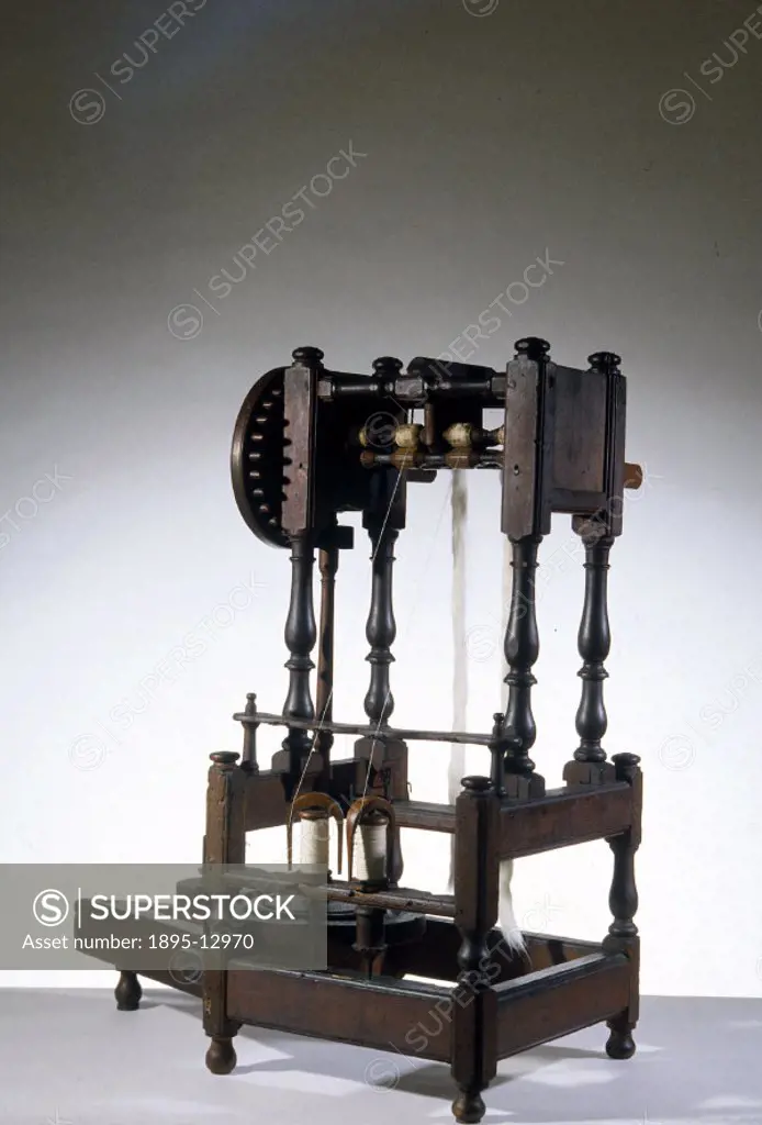 Patented by Richard Arkwright (1732-1792) in 1769, this machine successfully used the method of drafting yarn by rollers, invented by Lewis Paul in 17...