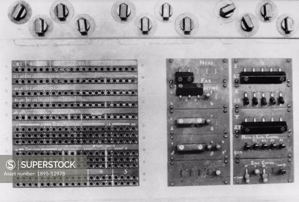 This shows a plug panel of Colossus, the world´s first electronic programmable computer, at Bletchley Park in Buckinghamshire. Bletchley Park was the ...
