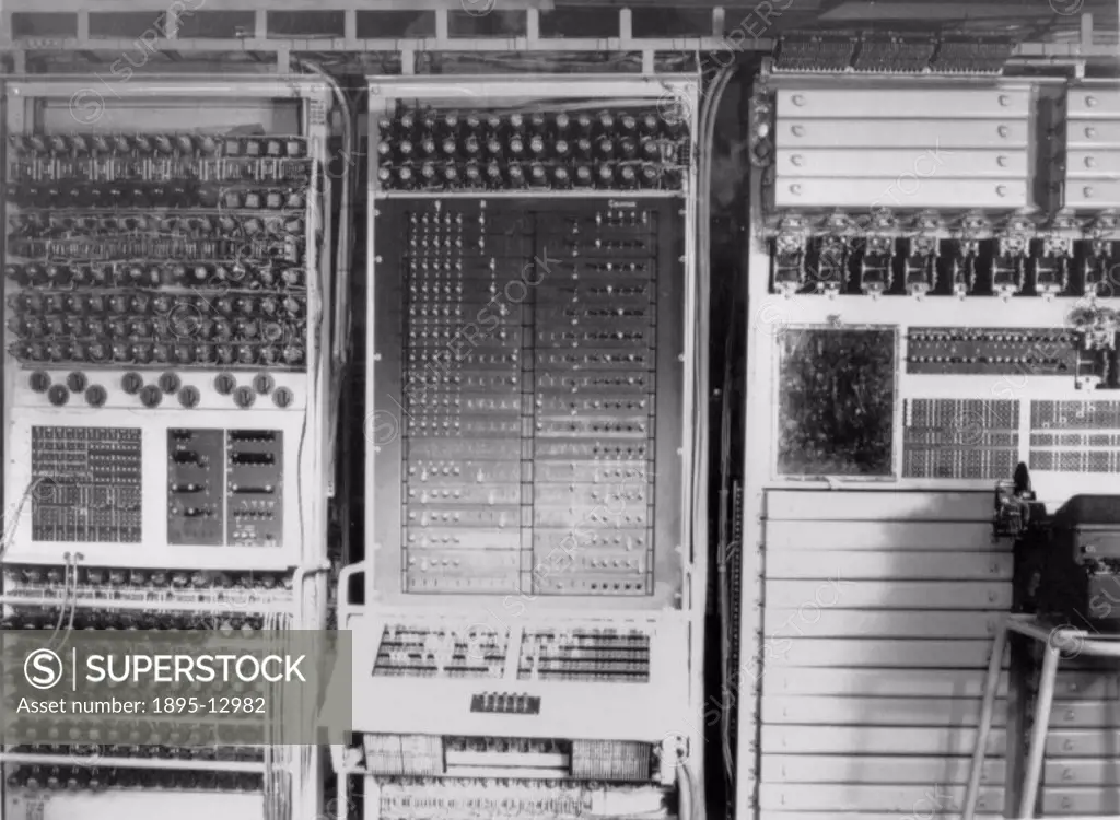 This shows control panels of Colossus, the world´s first electronic programmable computer, at Bletchley Park in Buckinghamshire. Bletchley Park was th...