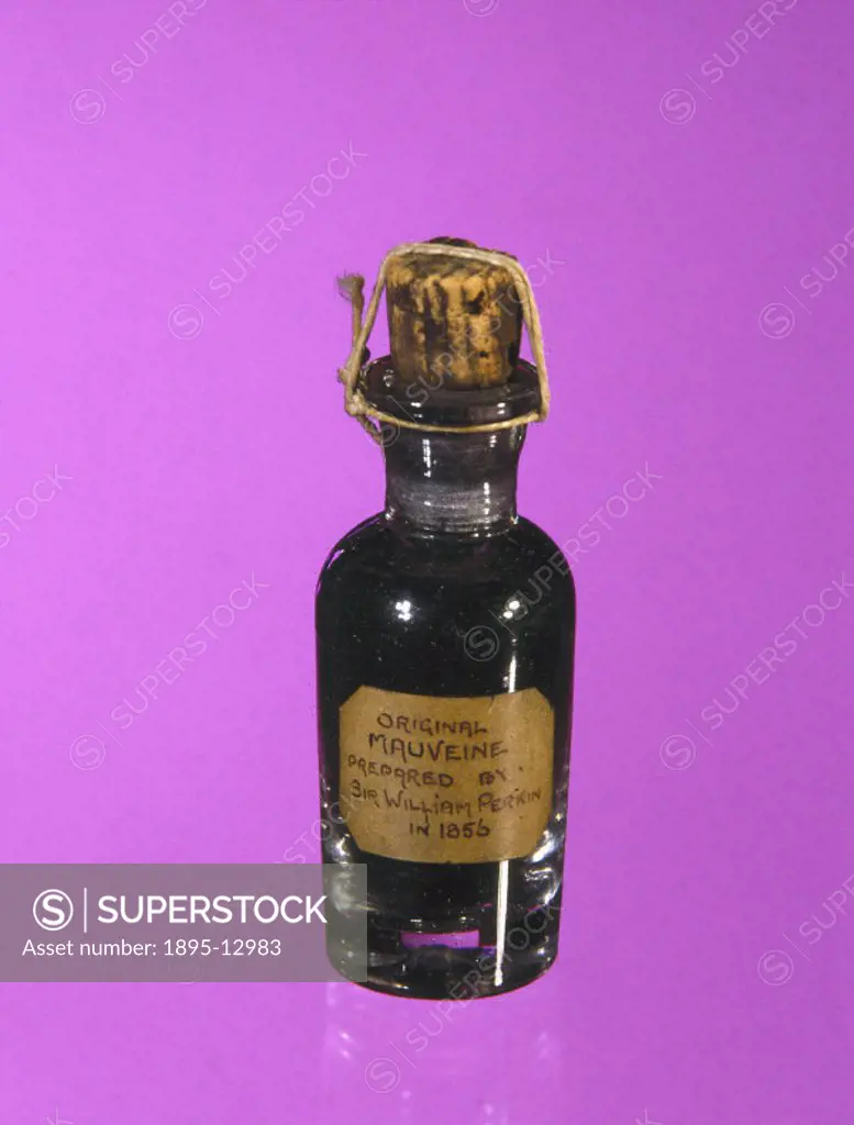 Sir William Perkin´s (1838-1907) original stoppered bottle of mauveine dye, labelled ´Original Mauveine prepared by Sir William Perkin in 1856´ (proba...