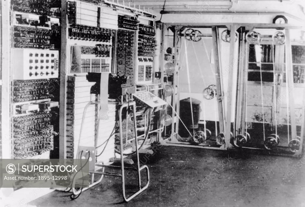 This shows the circuitry and pulley-wheel system of the Colossus computer at Bletchley Park in Buckinghamshire. Bletchley Park was the British forces´...