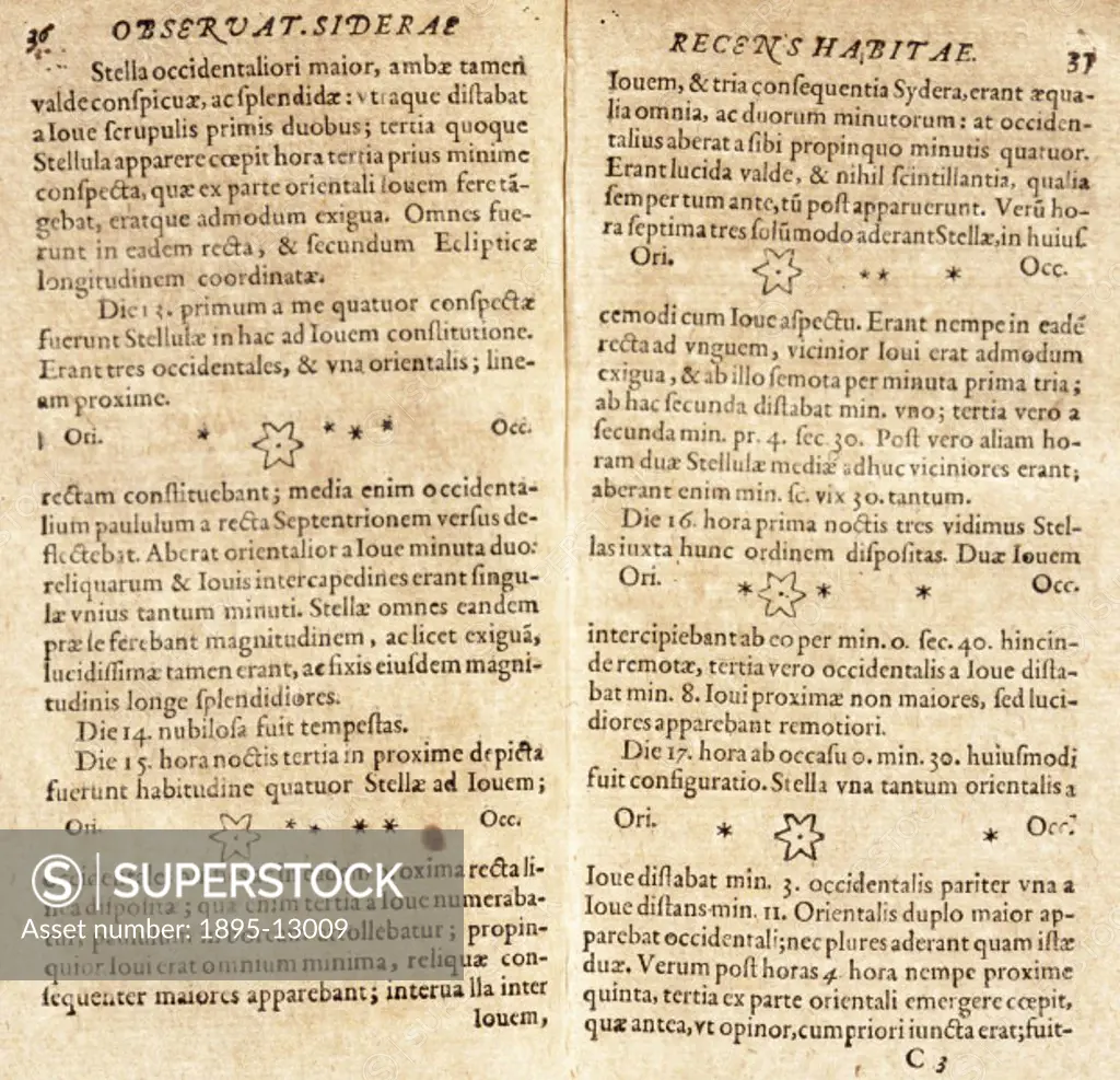 Pages taken from the book, ´Sidereus Nuncius´(The Sidereal Messenger) written by Galileo (1564-1642) and published in Venice in 1610. This short work ...