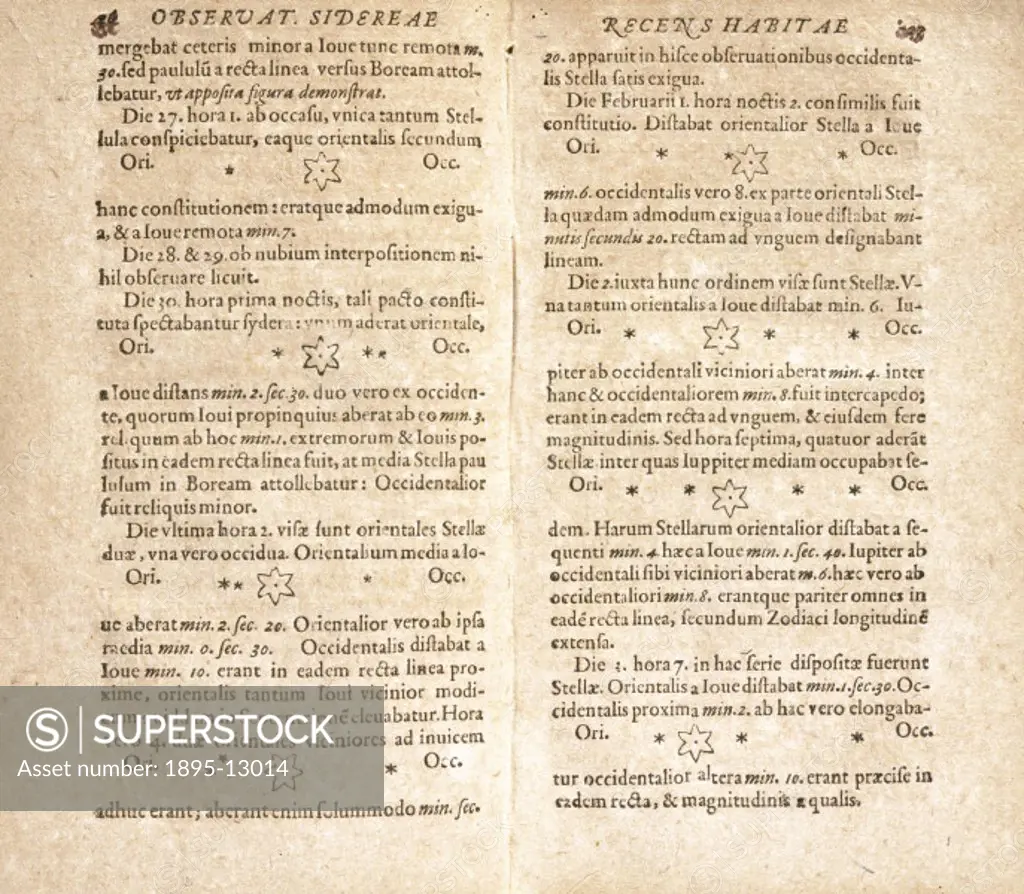 Page taken from the book, ´Sidereus Nuncius´(The Sidereal Messenger) written by Galileo (1564-1642) and published in Venice in 1610. This short work m...