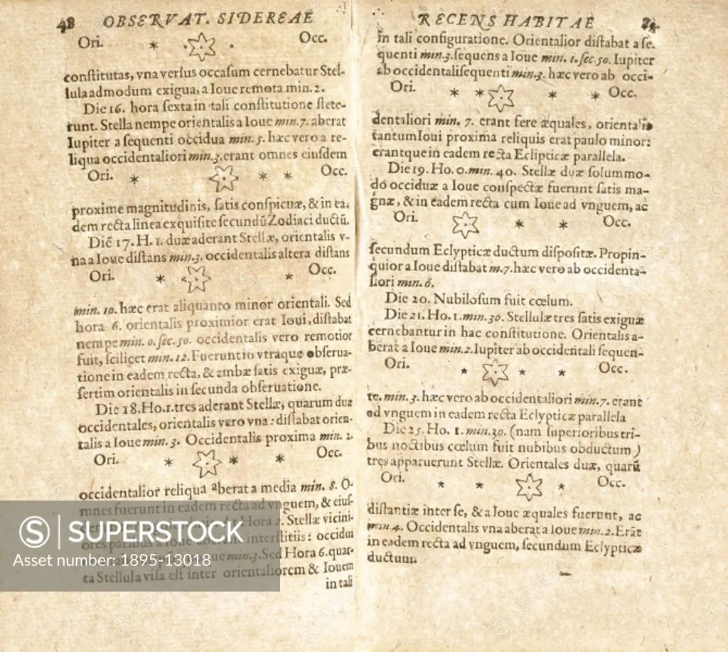 Page taken from the book, ´Sidereus Nuncius´(The Sidereal Messenger) written by Galileo (1564-1642) and published in Venice in 1610. This short work m...