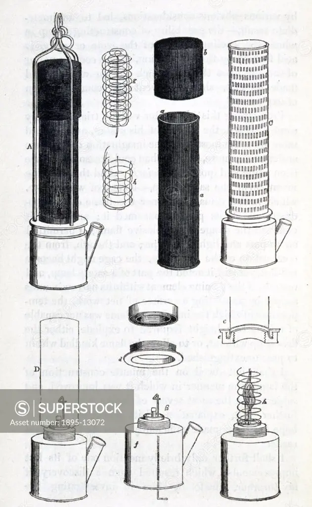 Various forms of the safety lamp invented by the British chemist Sir Humphry Davy (1778-1829) in 1815. The Davy lamp was the first miners safety lamp...