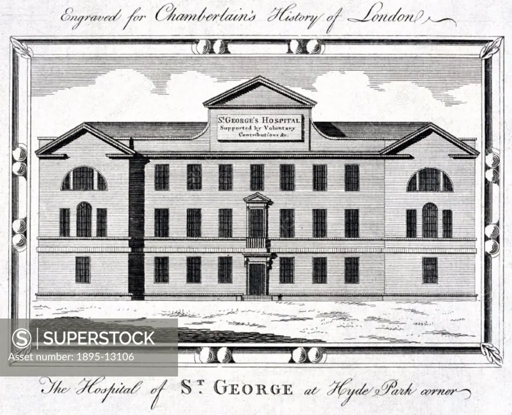 Engraving by J White, for ´Chamberlain´s History of London´. The St Georges Hospital was established at Lanesborough House, Hyde Park Corner in 1732,...