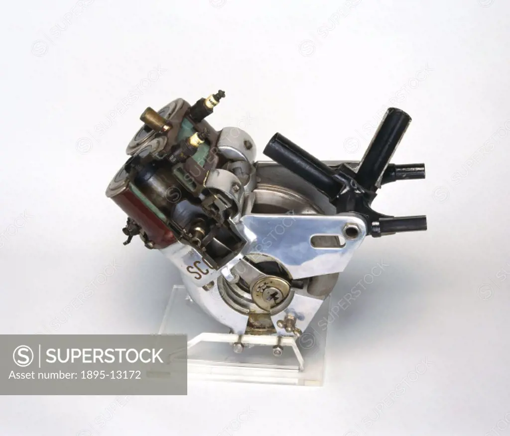 Sectioned. This is a 3.75 hp twin two-stroke motorcycle engine based on the Clerk cycle. It was designed by A A Scott in 1909, and used on the Scott m...
