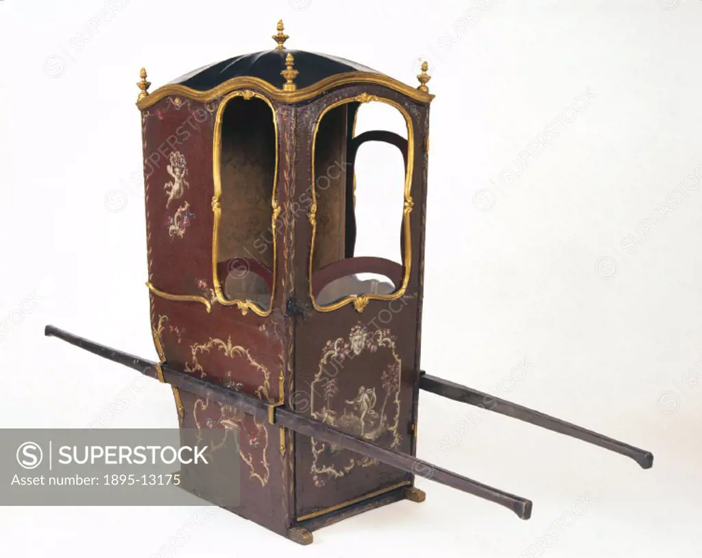The Sedan chair probably originated in Italy, but this example is from India. The enclosed chair was mounted on two parallel horizontal poles and carr...