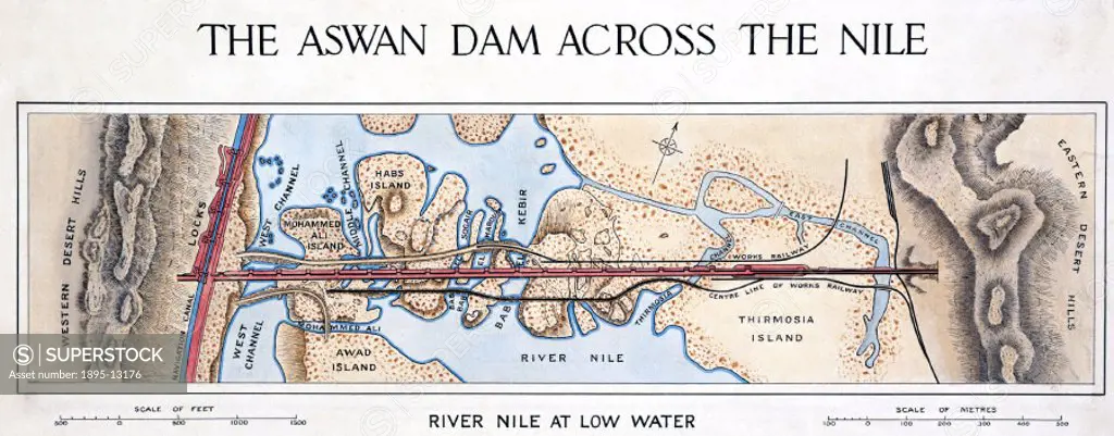 One of a series of three maps showing the Aswan Dam across the Nile. Built between 1898 and 1902, the Aswan Dam was designed to better control the mas...