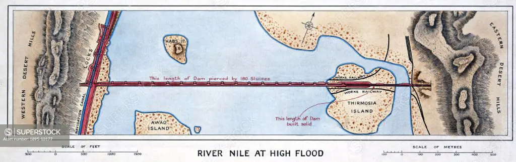 One of a series of three maps showing the Aswan Dam across the Nile in Egypt. Built between 1898 and 1902, the Aswan Dam was designed to better contro...