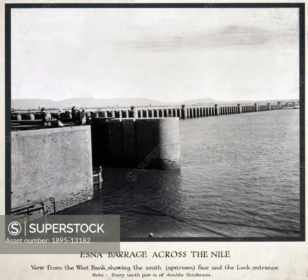 ´View from the West Bank, showing the south (upstream) face and the lock entrance. Note - every tenth pier of double thickness´. The Esna Barrage is s...