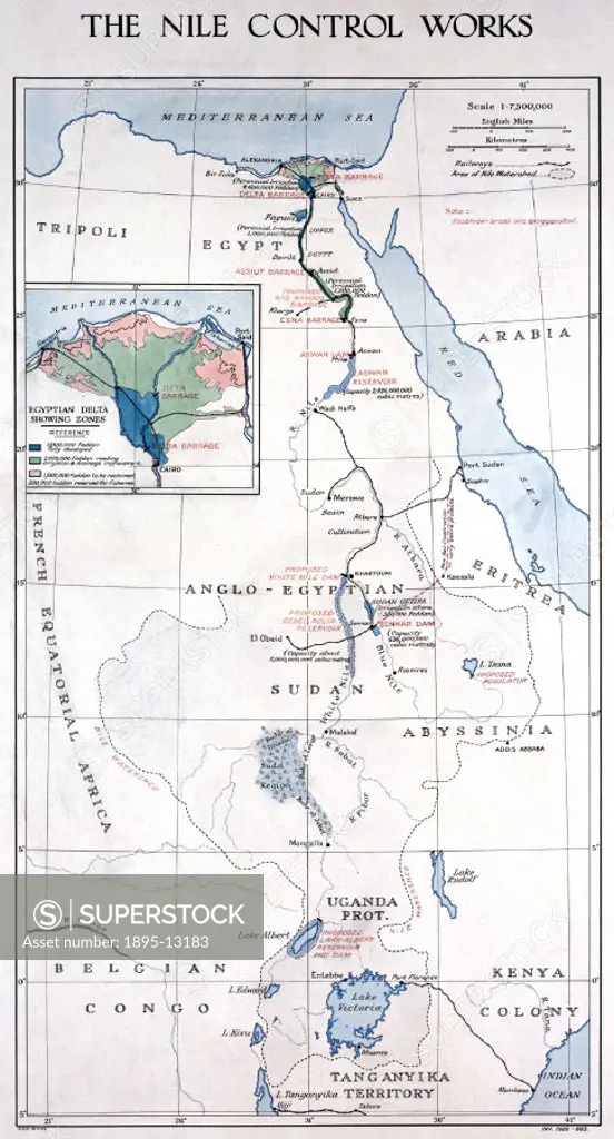 A map of Egypt and Sudan, showing existing and proposed projects to regulate the flow of the waters of the Nile, including the Aswan Dam and the barra...