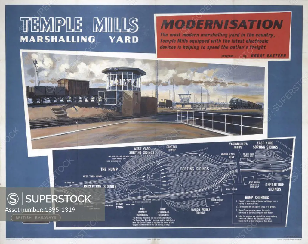 Poster produced for British Railways (BR) to promote the companys ongoing programme of modernisation. The poster shows the Temple Mills freight Marsh...