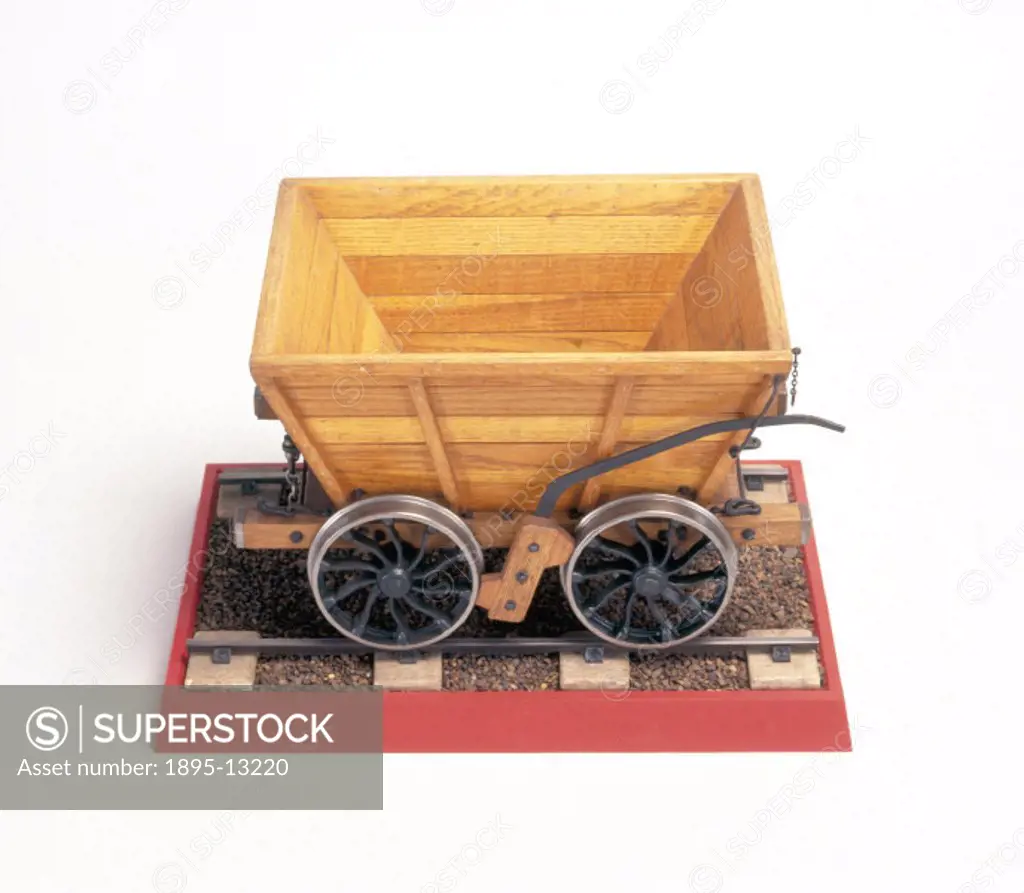 Hopper coal wagon, c 1825. Model (scale 1:8). This shows the type of railway wagon commonly used in the early 19th century for carrying coal from the ...