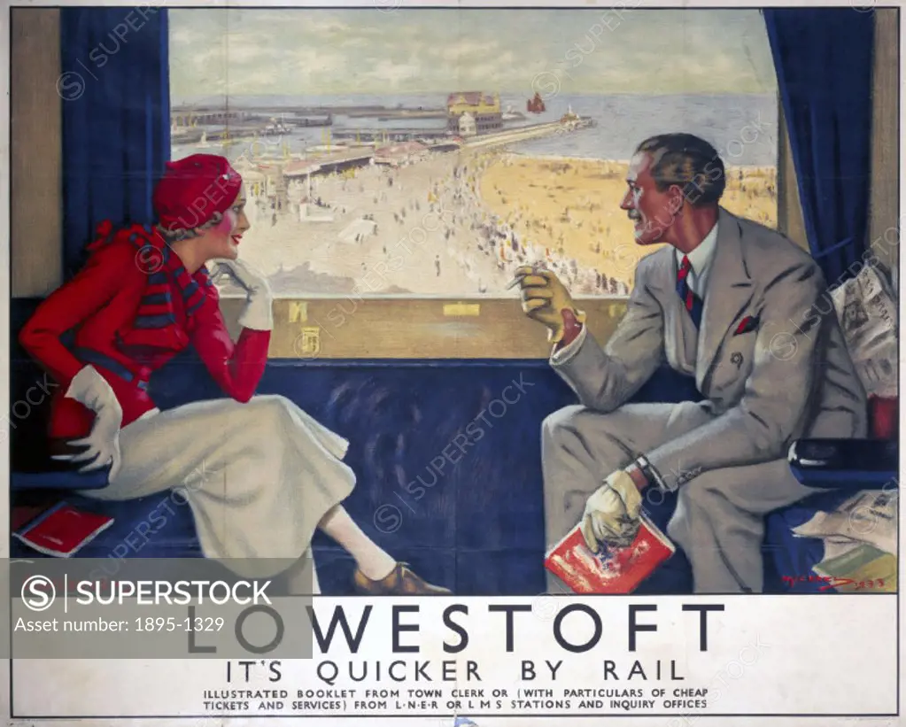 Poster produced for the London & North Eastern Railway (LNER) and London, Midland & Scottish Railway (LMS), promoting rail travel to the Suffolk coast...