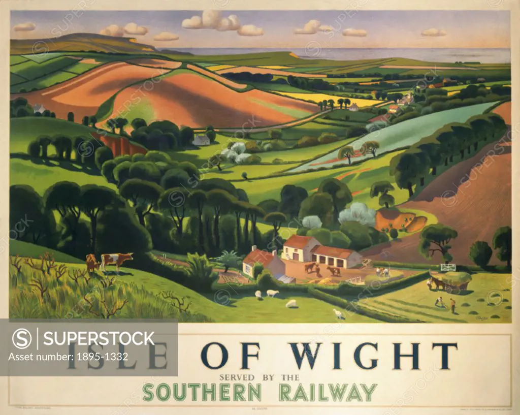 Poster produced by Southern Railway (SR) to promote rail and sea services to the Isle of Wight. The poster shows a panoramic view of green rolling hil...
