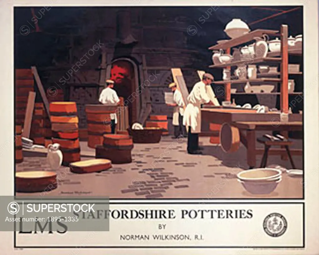 Poster produced for the London, Midland & Scottish Railway (LMS), showing workers in a pottery, loading unfired crockery into an industrial-sized kiln...