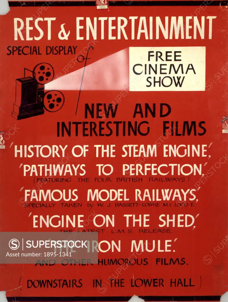 Model Railway Exhibition notice, advertising free cinema shows aimed at visitors to the Model Railway Exhibition at Central Hall, Westminster, London,...