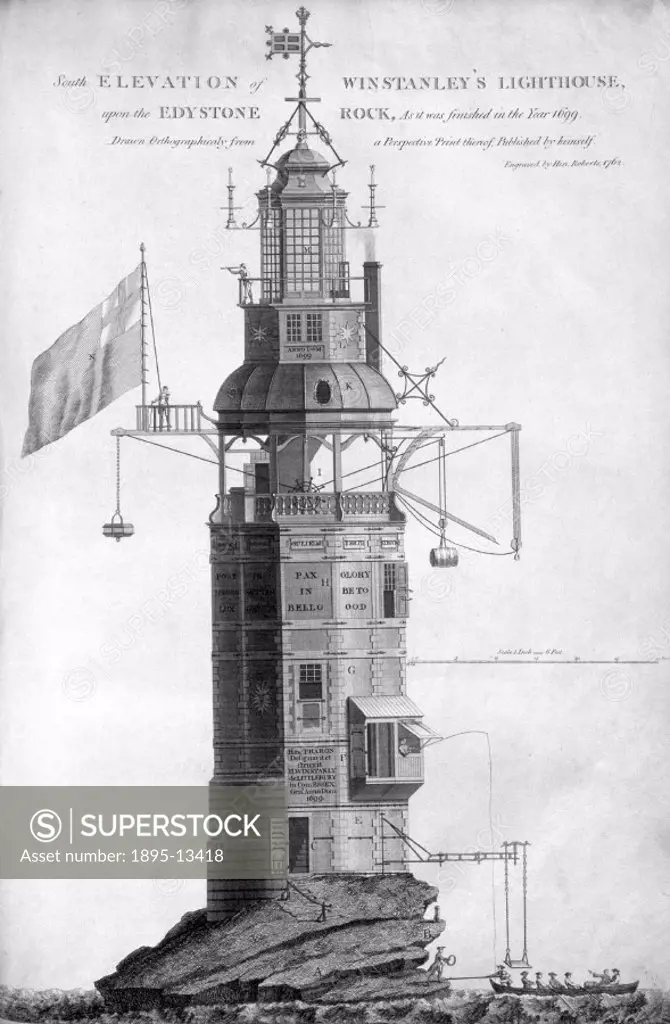 Engraving by Henry Roberts made about 1761and based on an earlier scale drawing by Jaaziell Johnston showing the completed lighthouse. Designed by Hen...