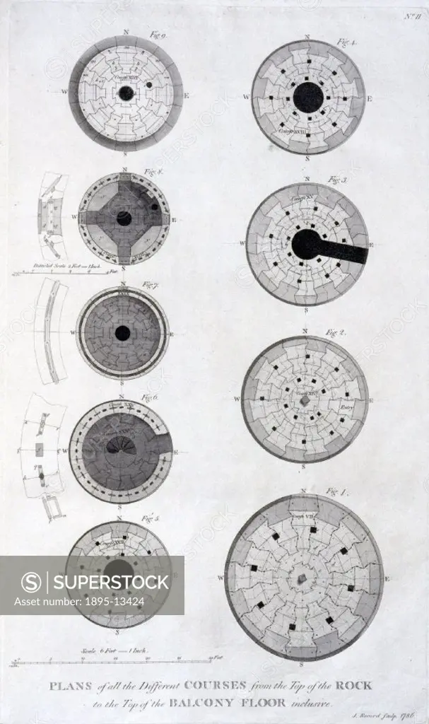 Engraving by J Record made in 1788. This plan shows the different courses of the Eddystone lighhouse, from the top of the rocks to the top of the balc...