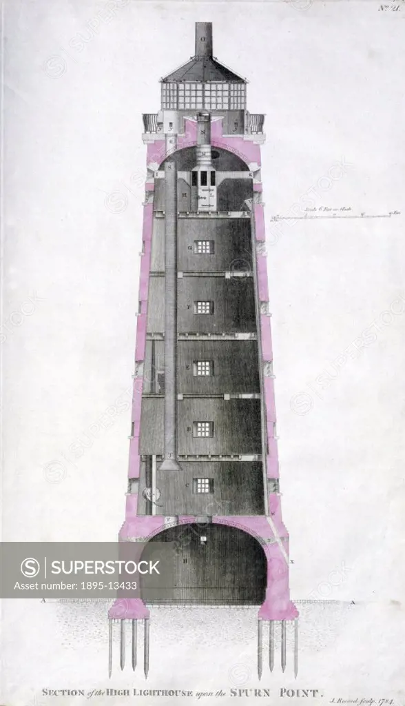 Engraving of 1784 by J Record showing a sectioned illustration of the Spurn Point lighthouse designed by English civil engineer John Smeaton (1724-179...