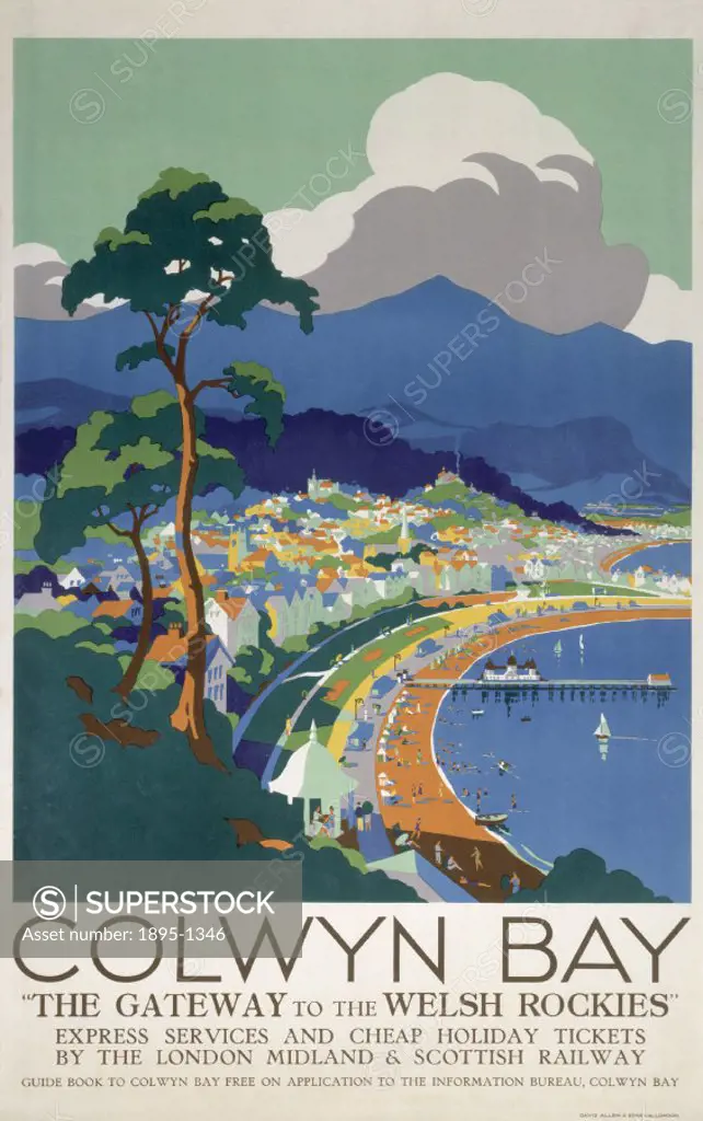 Poster produced for London, Midland & Scottish Railway to promote rail travel to the popular coastal resort of Colwyn Bay, Conwy, Wales. The poster sh...