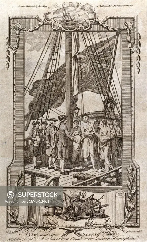 Engraving by Grignion after Wate, entitled A Chief and other Natives of O-Taheitee, visiting Captain Cook in his Second Voyage to the Southern Hemisp...