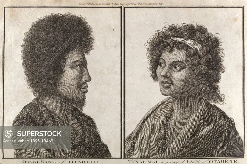Portraits of Otoo, king of Otaheite and Tynai-mai, a principal lady, taken during Captain Cook´s second Pacific voyage. Otaheite is now known as Tahit...