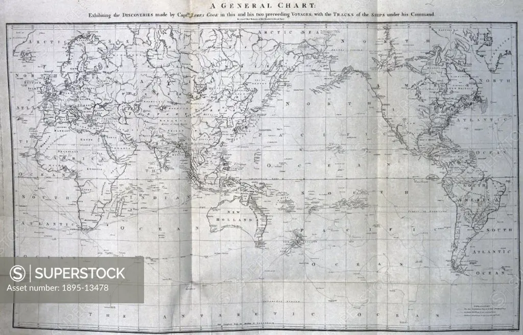 World map showing the three Pacific voyages of Captain James Cook (1728-1779), the famed navigator and hydrographer who transformed the Wests knowled...