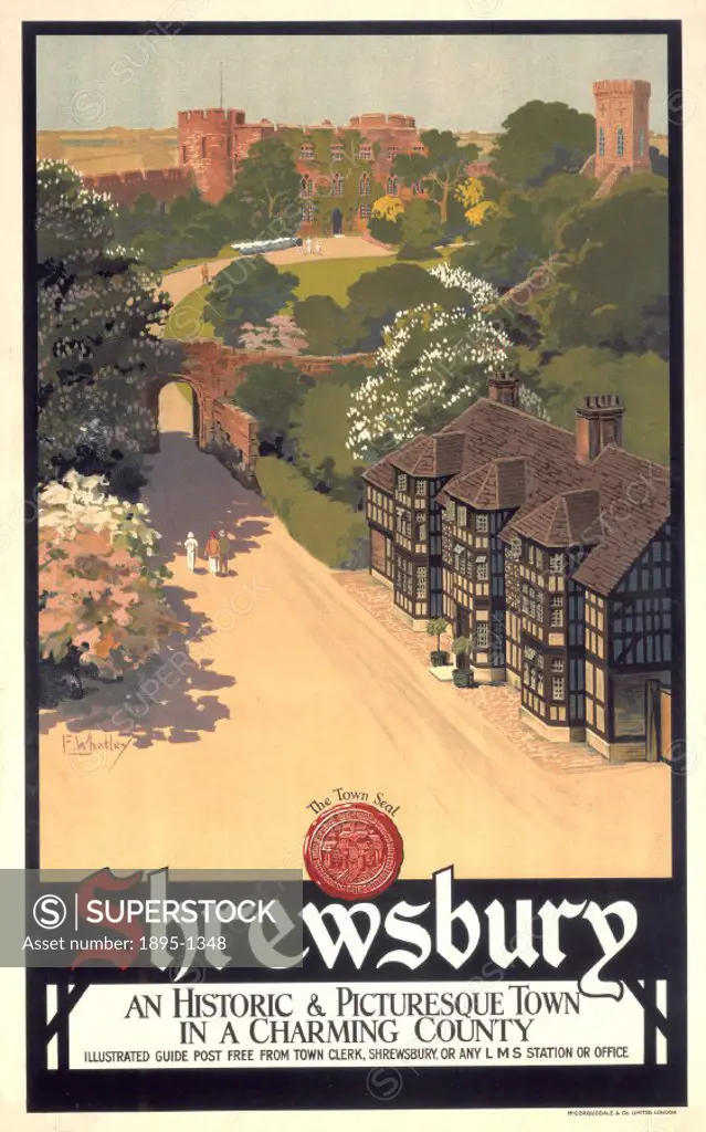 Poster produced for London, Midland & Scottish Railway (LMS) to promote rail travel to Shrewsbury in Shropshire, a historic and picturesque town in a...