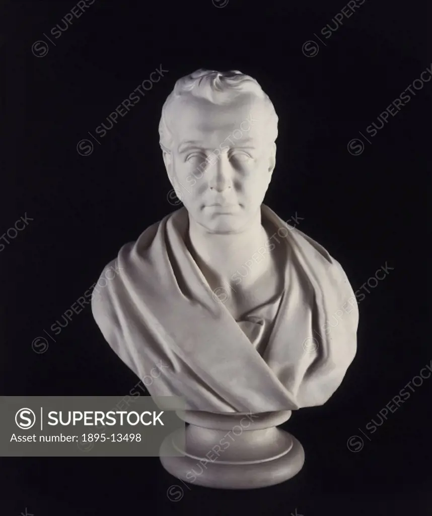 Parian ware bust of George Stephenson (1781-1848). A largely self-educated man, Stephensons early working life was spent as a brakesman and in collie...