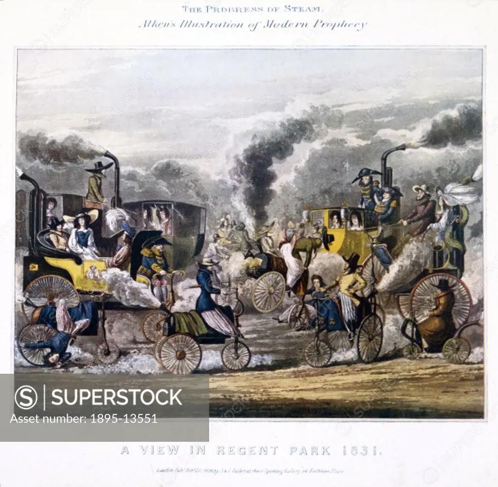 Humourous futuristic colour illustration by Henry Thomas Alken, showing a variety of steam vehicles being driven around Regent´s Park, London, illustr...