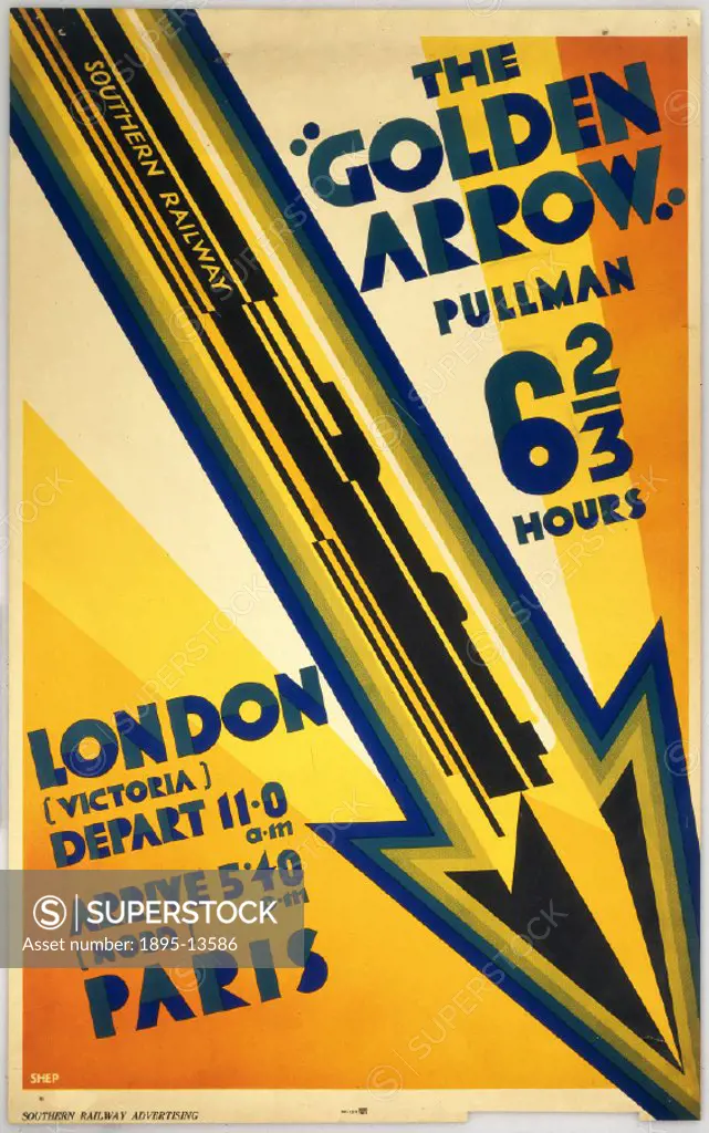 Poster produced for Southern Railways (SR), promoting the London to Paris service, with a journey time of 6 2/3 hours, showing a stylised speeding tra...