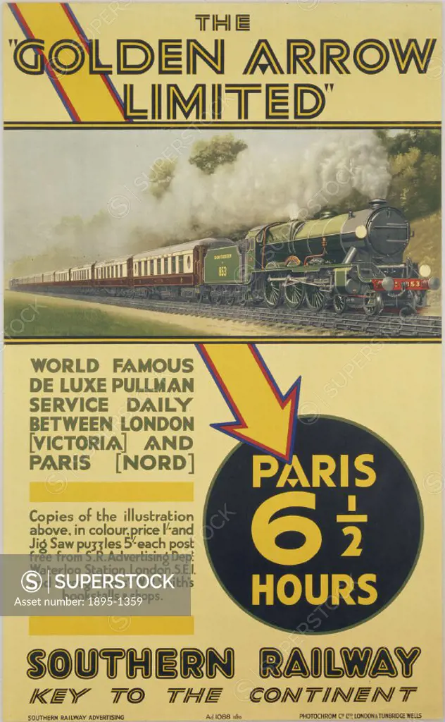 Poster produced for the Southern Railway (SR) to promote their deluxe daily pullman service between Victoria Station, London and Nord Station, Paris. ...