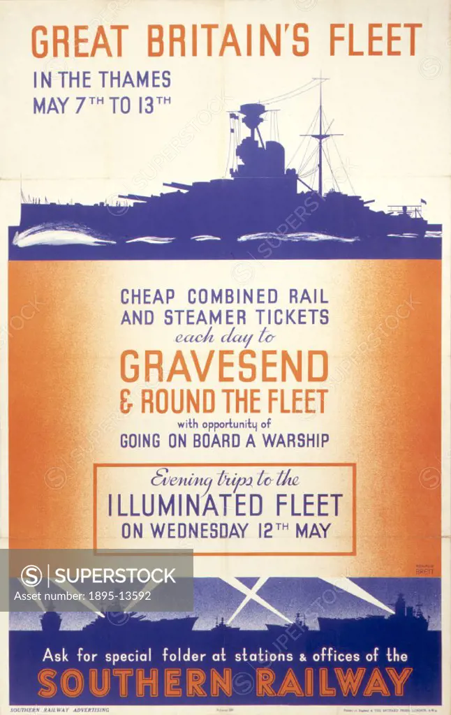 Poster produced for the Southern Railway (SR) to promote day trips to view the battleships stationed at Gravesend in Kent, for which cheap combined ra...