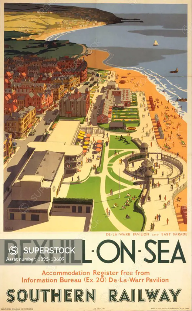 SR poster. Bexhill-on-Sea, SR poster, 1947. Poster produced for the Southern Railway (SR) of Bexhill-on-Sea in Sussex, showing the De-La-Warr Pavilion...