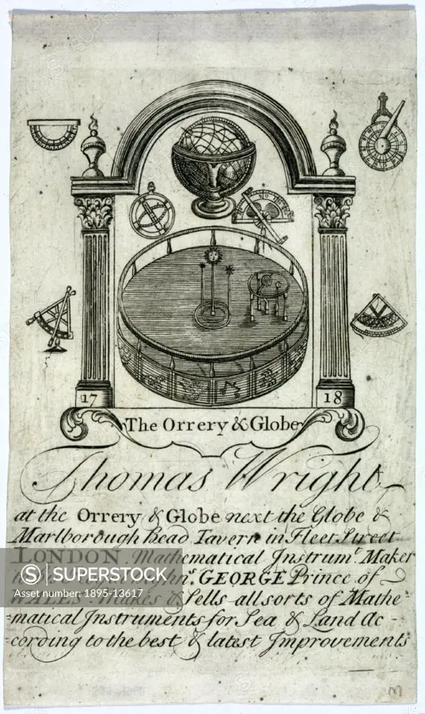 Engraving with lettering below, showing an orrery and globe surrounded by an ornamental arch and various mathematical instruments. Thomas Wright (d 17...