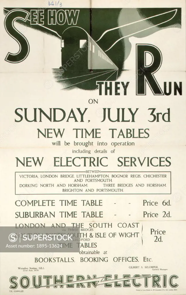 Poster produced for the Southern Railway (SR) to announce the companys new timetables. The poster details the prices for the different timetables ava...