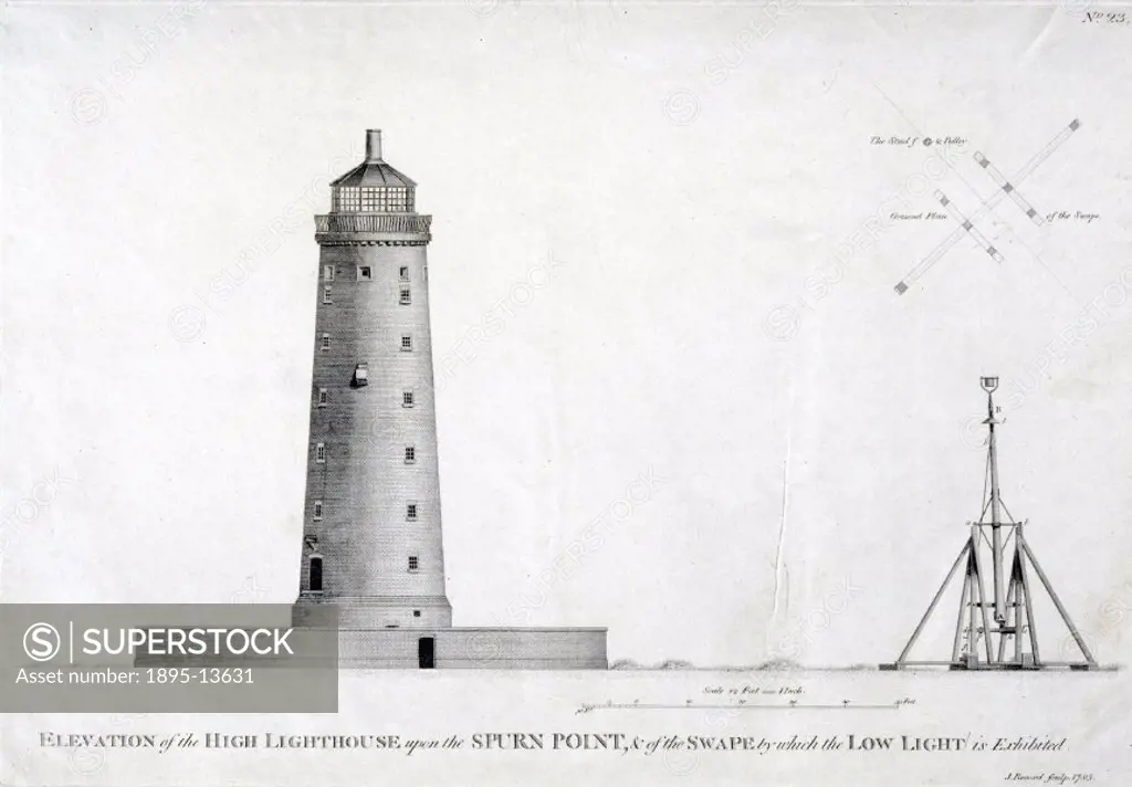 Engraving in 1785 by J Record showing an elevation of a lighthouse designed by the English civil engineer John Smeaton (1724-1792). The lighthouse was...