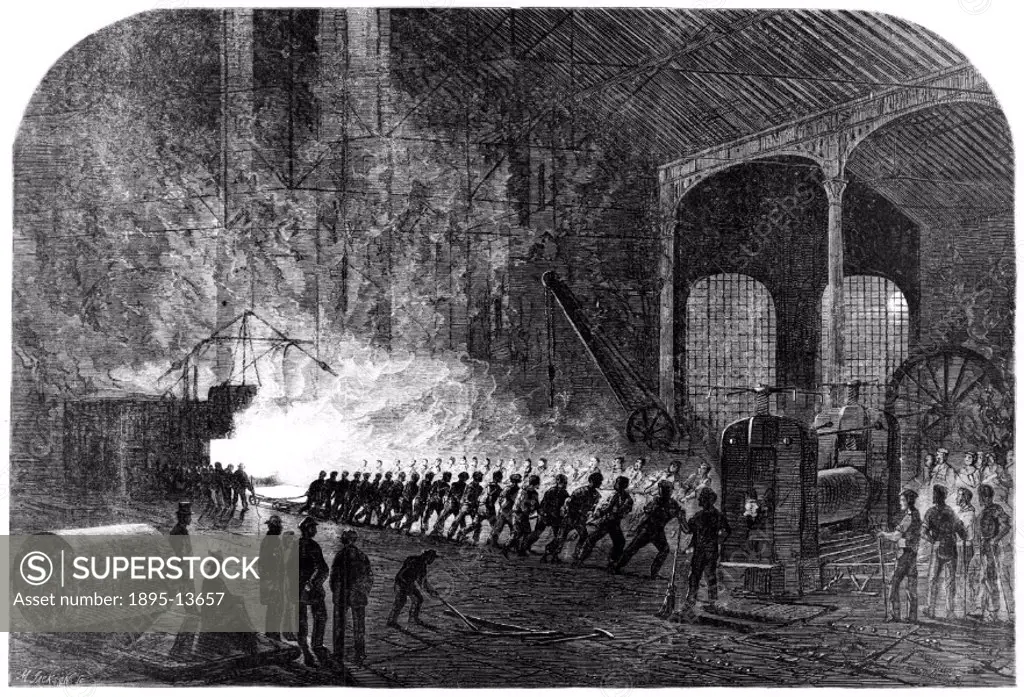 Engraving of steel manufacturing from the Illustrated London News (Vol 61/2 p 274). The engraving is by M Jackson. Altas Works, the rolling mill was e...