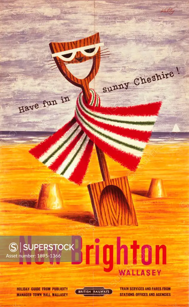 British Railways (London Midland Region) poster. Artwork by Ken Kelly depicting spade on beach dressed as a cat.
