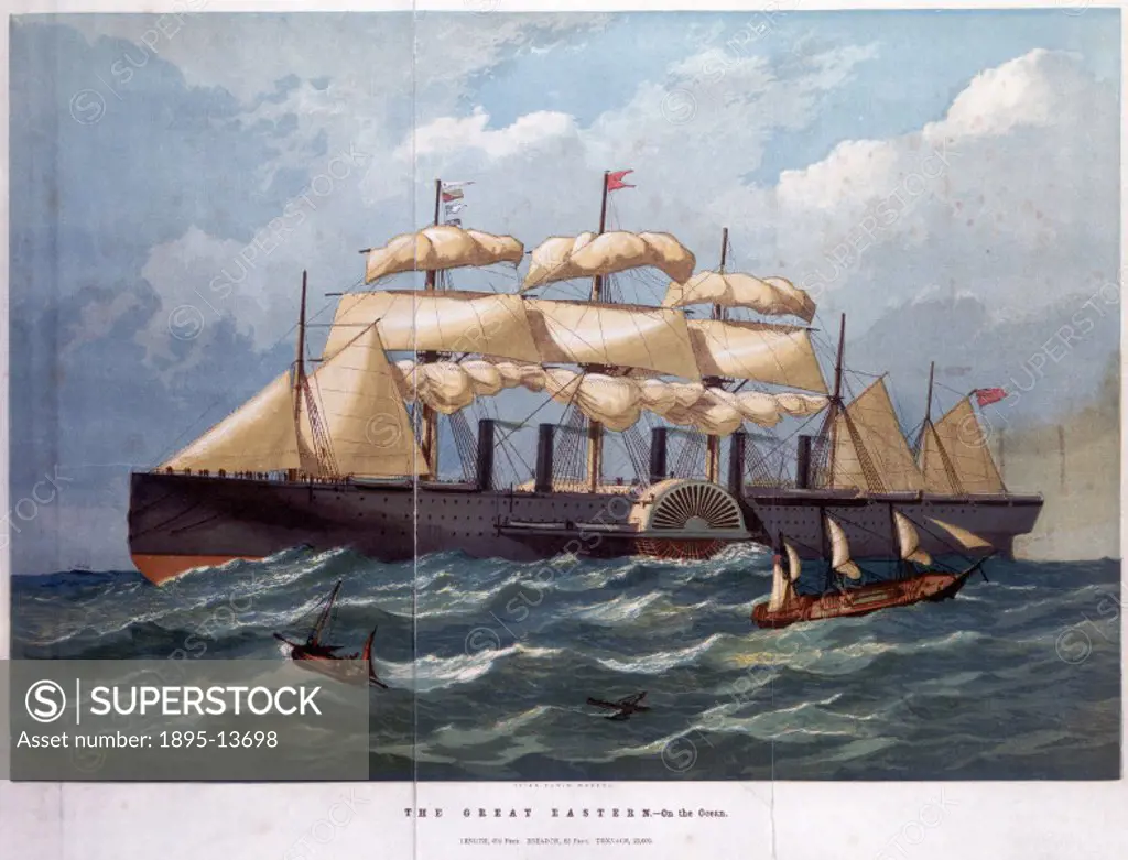 Colour print after a painting by Edwin Weedon. This steamship, designed by Isambard Kingdom Brunel (1809-1859) with John Scott Russell, was launched i...