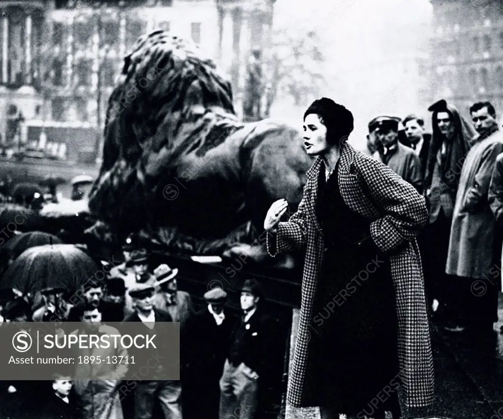 Jennie Lee is pictured here next to one of Edwin Landseers lions in Trafalgar Square, London. The daughter of a coal miner, Jennie Lee (1904-1988) fi...