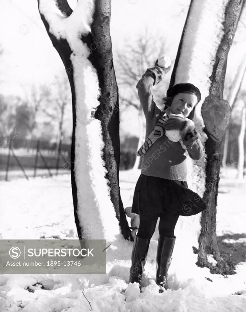 A small girl preparing to throw a snowball, 27 January 1935  Photograph taken in a park at Finchley in North London by Malindine 