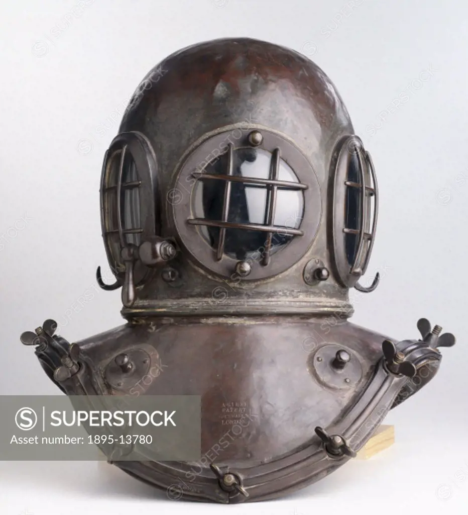 This diving helmet is part of a suit manufactured by the engineer Augustus Siebe (1788-1872) in 1837 and patented by him in 1839. The complete dress w...