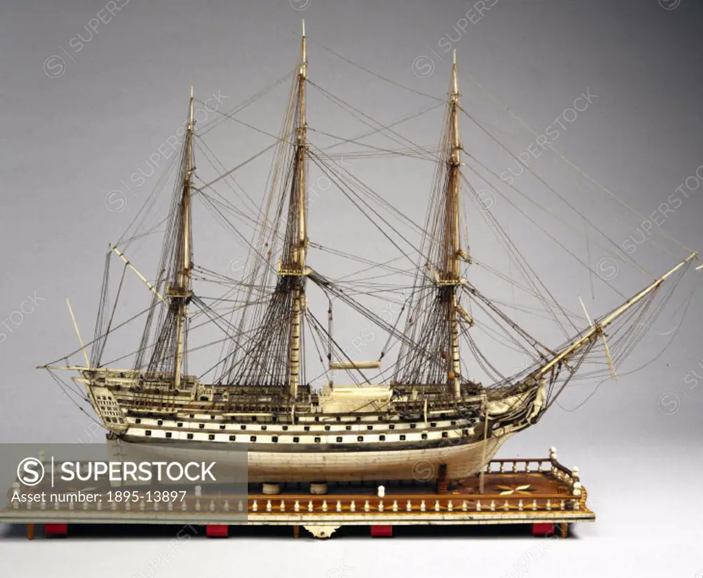 Model. This model was built by French prisoners of war to represent the Ocean’, a French 120-gun warship launched at Brest in 1790. French prisoners-...