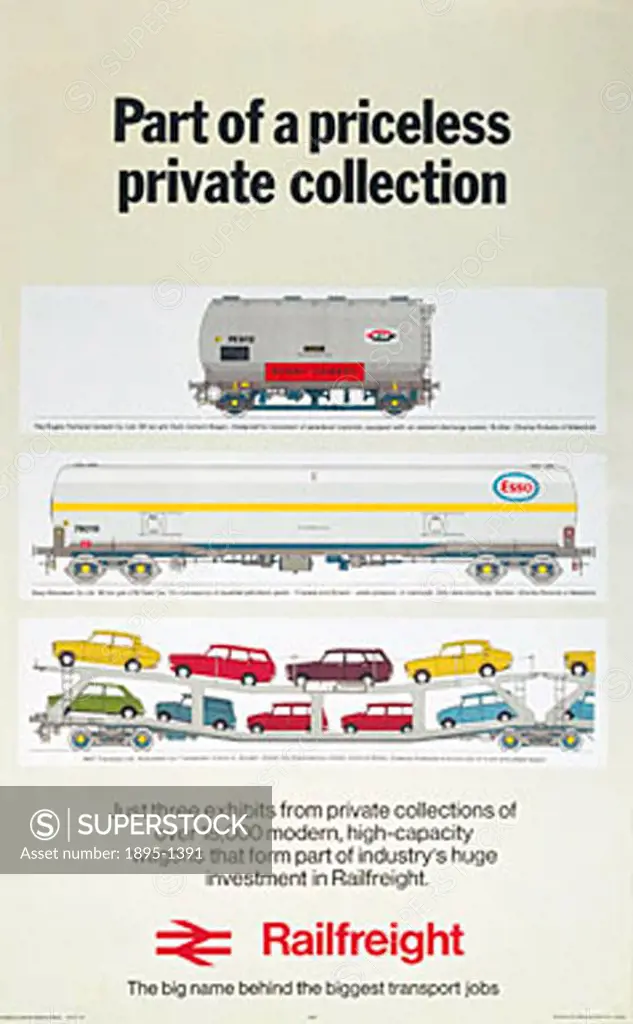 Poster produced for British Rail (BR) Railfreight, showing freight wagons used to transport road vehicles, cement and oil. Printed by St Michaels Pres...